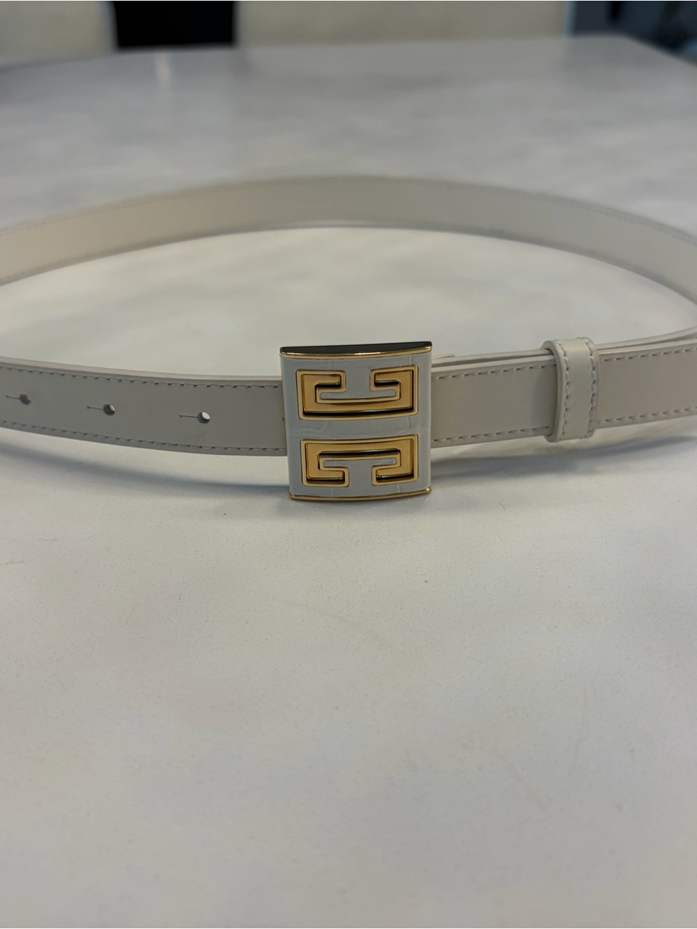 Givenchy White Leather Belt with Gold Double-G Buckle. Size: 75